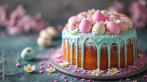 Spring Easter cake with blue icing and pink candy decorations. Festive baking concept suitable for design and culinary workshop
 photo