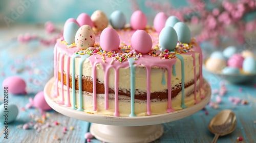 Pastel Easter sponge cake with dripping icing and candy eggs. Springtime baking and dessert concept for poster and recipe design
 photo