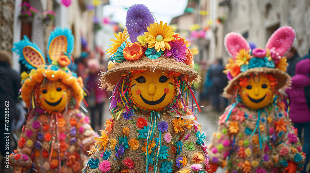 Colorful Easter straw effigies in bunny costumes at a festive parade. Spring festival and Easter traditions concept for community events
