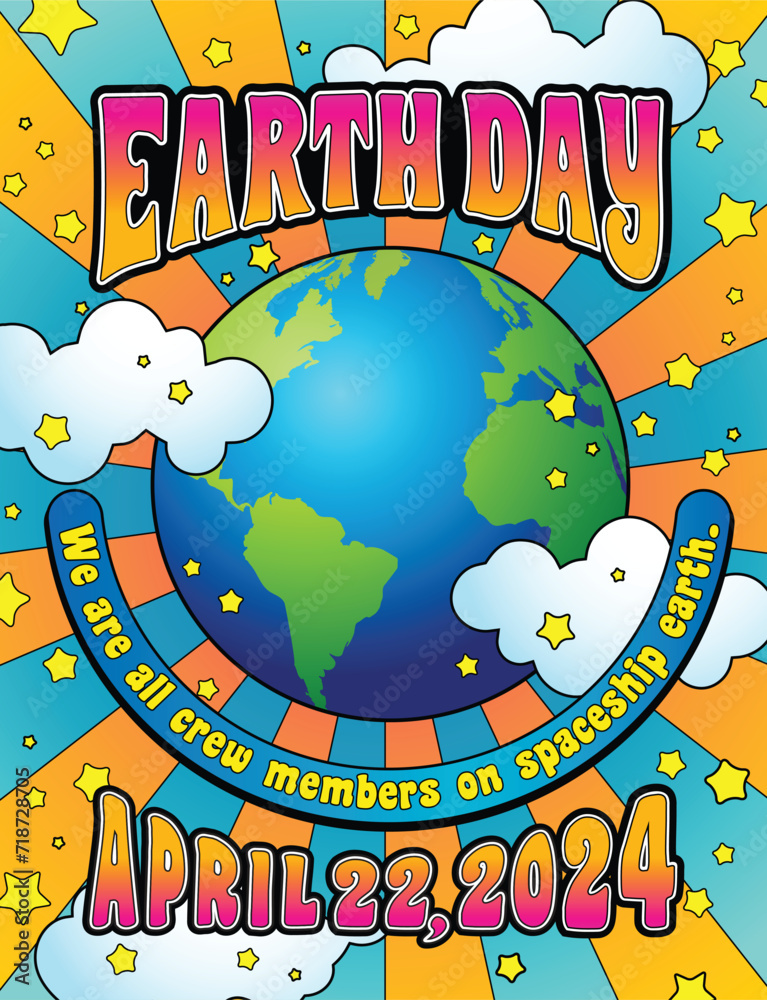 Fototapeta premium Colorful Earth Day 2024 design with planet earth, for poster, social media, or banner in psychedelic retro hippie style. Vector Illustration