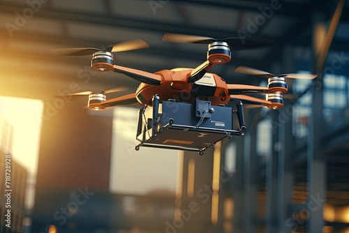 Future of mobility futuristic drone technology, retail trade delivery services. AIX (Artificial Intelligence Experience) innovation. Logistics efficient environment friendly package delivery amenity. © Leo