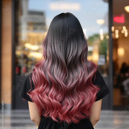 Rear view of dark hair of girl with red ombre balayage haircolor