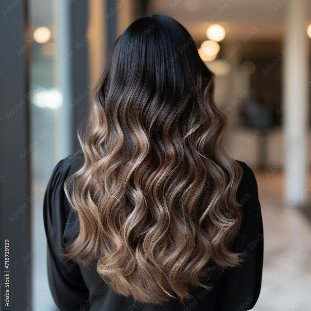 girl model rear view of long hair , showing ombre color , hairdye, black and blonde , ash blonde dye, hair salons posters girl model rear view of long hair , showing ombre color , hairdye, black and blonde , ash blonde dye, hair salons posters