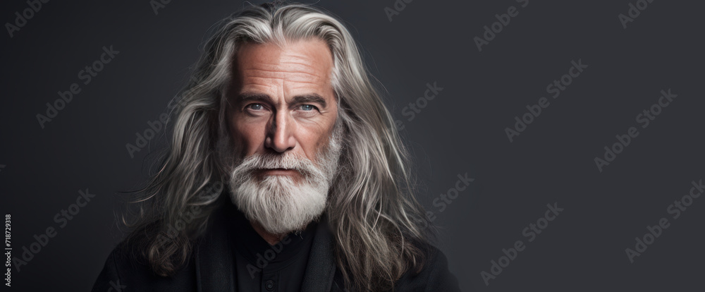 Elegant smiling elderly man with gray and long hair with perfect skin, on a gray background, banner. Elegant smiling elderly man with gray and long hair with perfect skin, on a gray background, banner.
