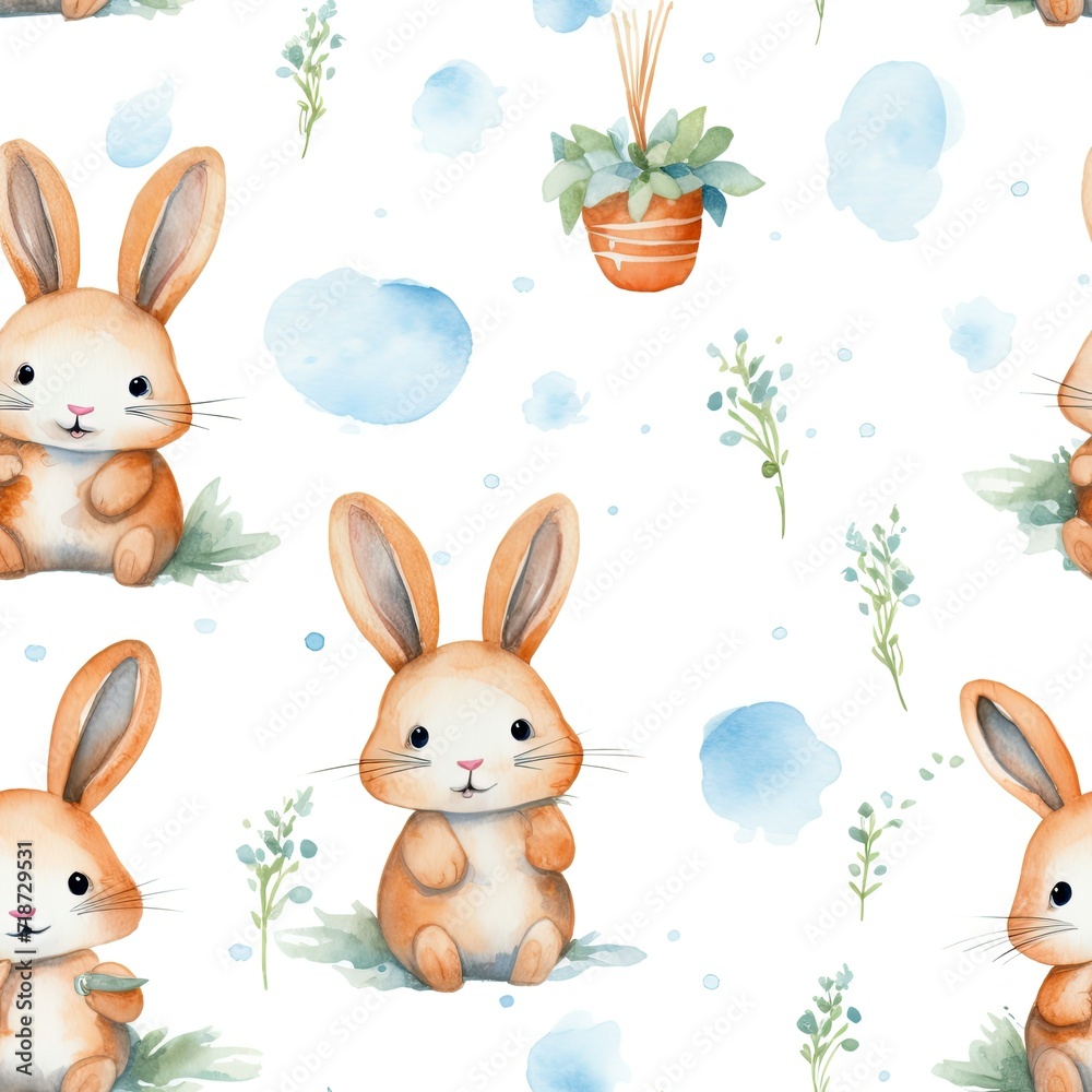 Watercolor Pattern With Rabbit and Potted Plant Watercolor Pattern With Rabbit and Potted Plant