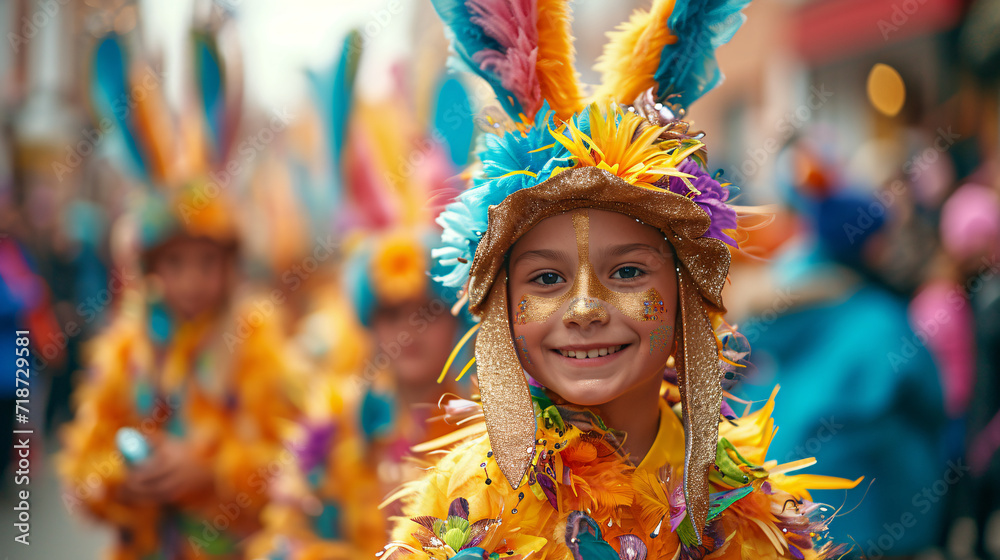 Child in colorful feather costume at carnival. Selective focus portrait with blurred background. Festival and celebration concept for design and print
