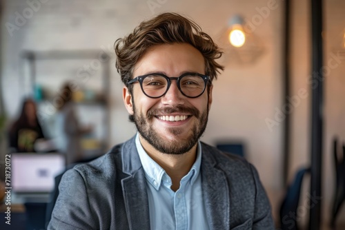 A professional in an office environment, exuding confidence with a genuine smile directed at the camera generative ai