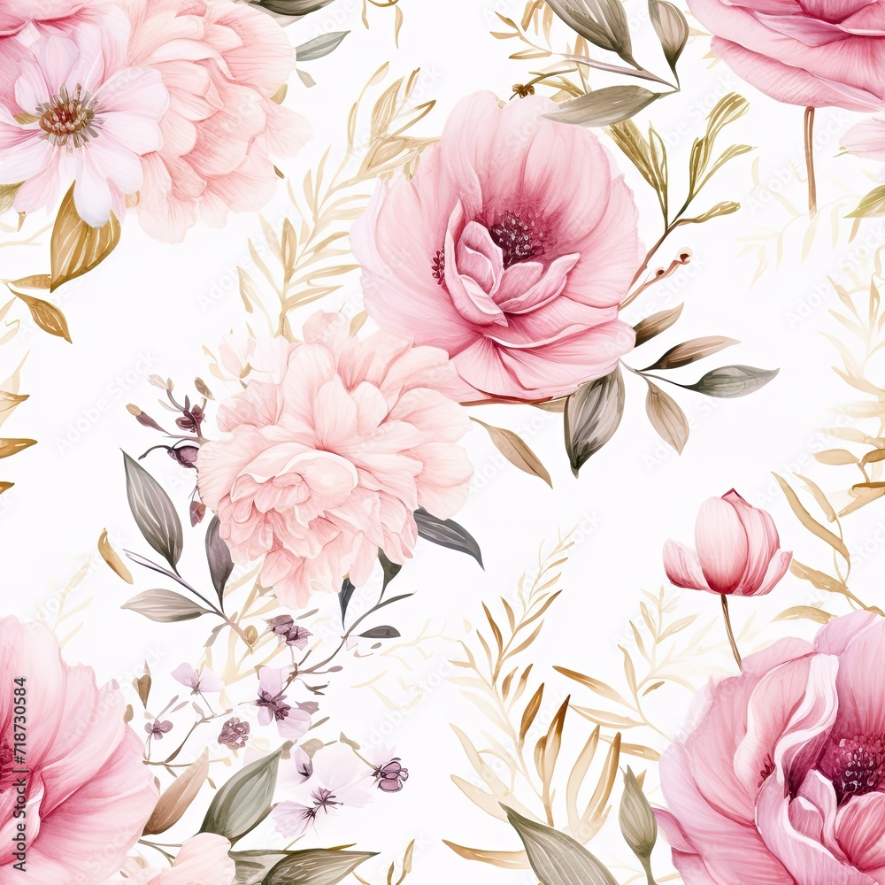 Seamless Pink Flower and Leaf Pattern on White Background