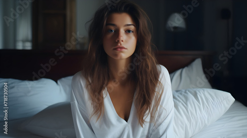 Close up shot of beautiful teenage woman wake up on the bed in morning, wear white pajamas. 