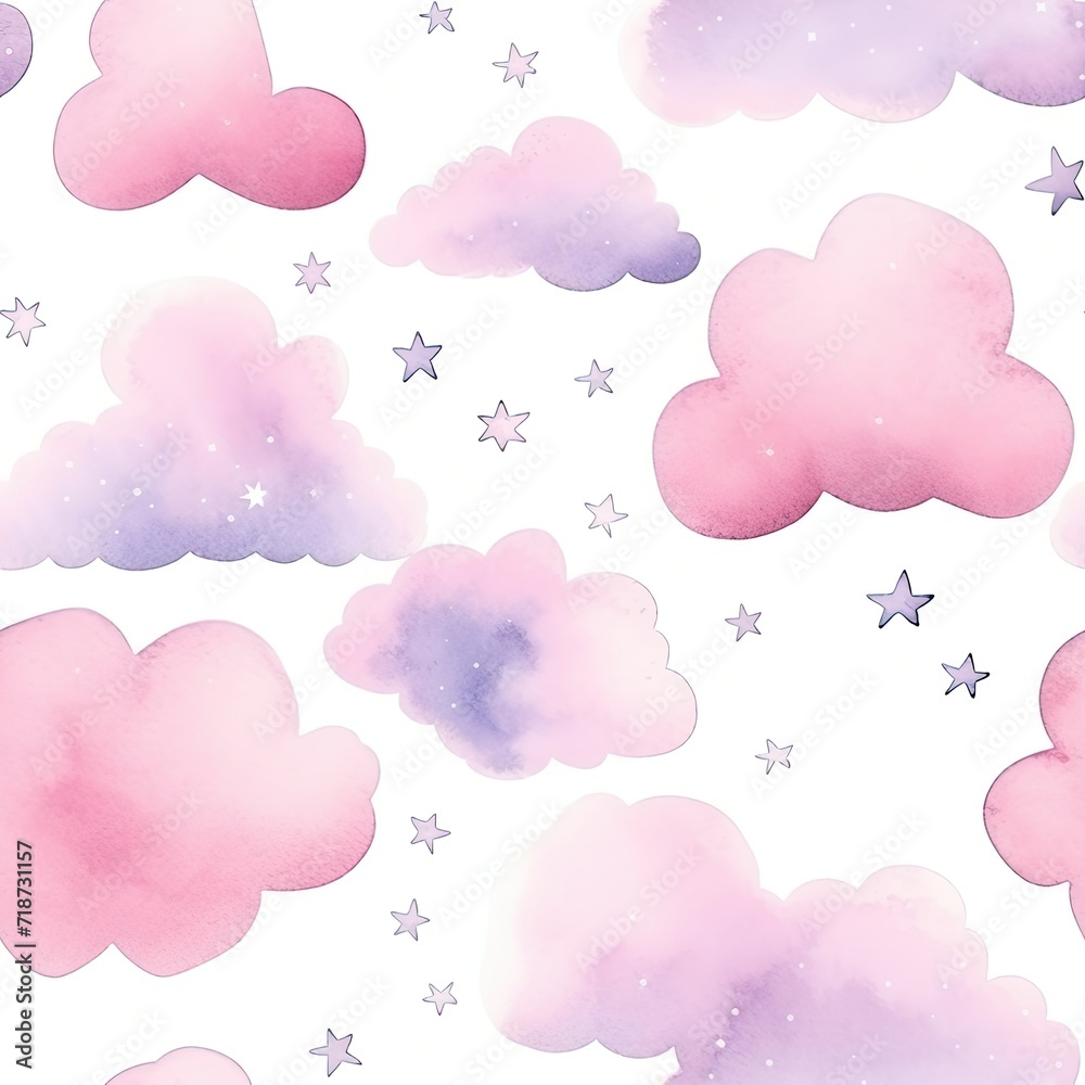 Seamless Pattern of Pink Clouds and Stars on White Background
