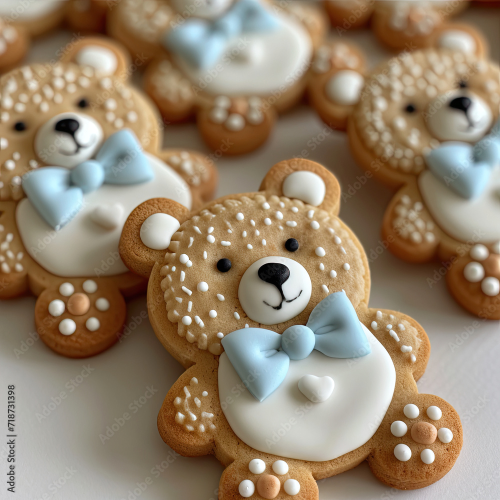Delicious teddy bear cookie illustration decorated with blue and white fondant and icing. Top view. Delicious teddy bear cookie illustration decorated with blue and white fondant and icing. Top view.