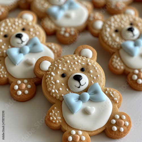 Delicious teddy bear cookie illustration  decorated with blue and white  fondant and icing. Top view. © Mahnoor