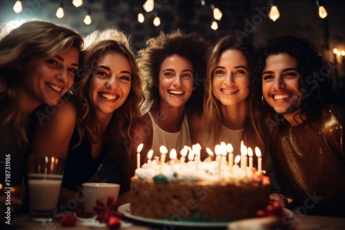 Joyful Friends Celebrating Birthday with Cake and Candles