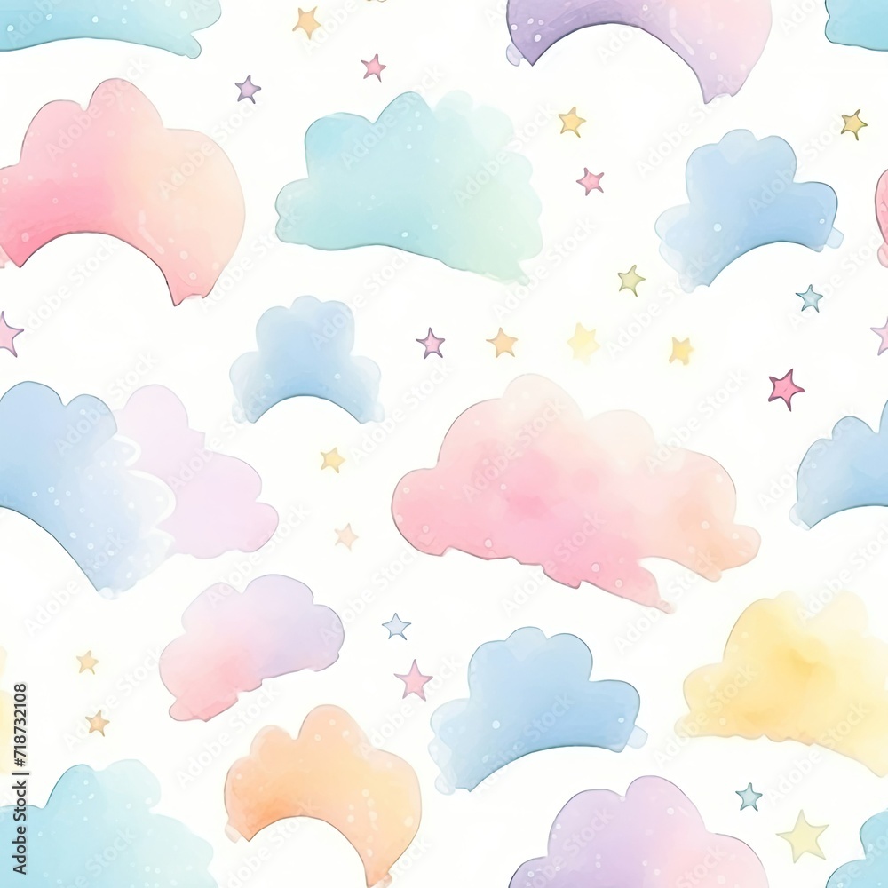 Pattern of Clouds and Stars on a White Background