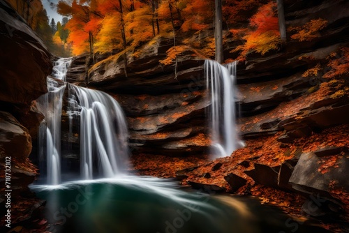 Image of Cascading falls drop off cliff edge into body of water during colorful peak fall