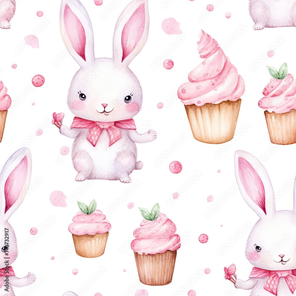 Watercolor Pattern With Cupcakes and Bunnies