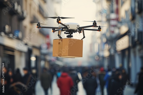 Package drone delivery, autonomously unsurveillance. Aviators steer cardboard devices, business shipping. Horizontal flight capabilities, electronic navigation, trade efficient and flying deliveries. © Leo