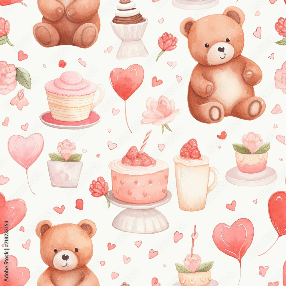Pattern of Teddy Bears and Cakes on White Background