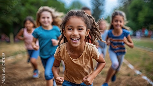 Young Children Racing on Track, Full of Joy and Energy.