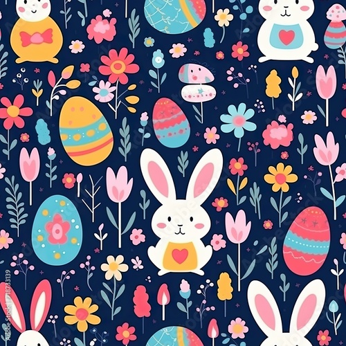 Blue Background With Easter Bunnies and Flowers