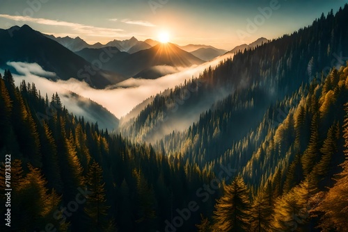 Panoramic view of the mountains and sky in the morning,Mountain forest in the mist that rises mountain sunrise