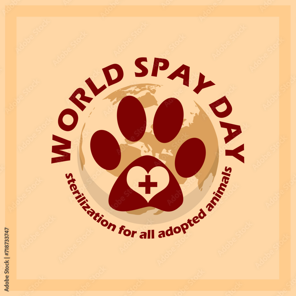 World Spay Day event banner. Paw icon, love, health symbol and earth