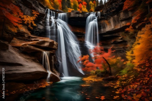 Image of Cascading falls drop off cliff edge into body of water during colorful peak fall