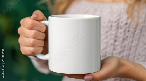 Female hands holding white mug with blank copy space.