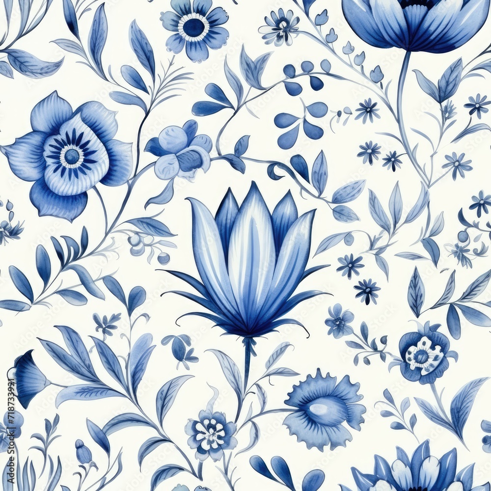 Blue and White Flower Pattern on White Background