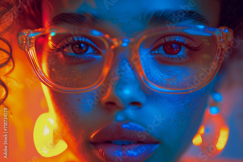 close-up face of beautiful multiracial young woman in glasses in blue neon lighting in front of orange lighting.