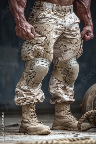 The legs of a strong man dressed in camouflage pants with knee pads