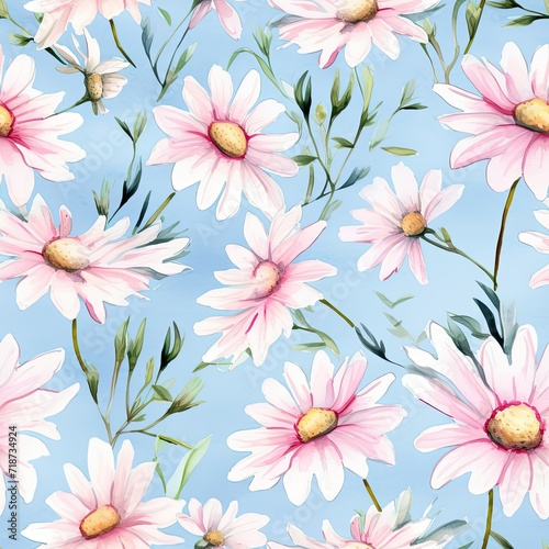 Seamless Pattern, Pink Daisies on Blue Background