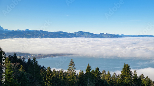 Blick über den See der von Nebel bedeckt ist. Eine lücke im Nebel gibt sicht frei auf den Bodensee. Wald im vordergrund, die Alpen im hintergrund
