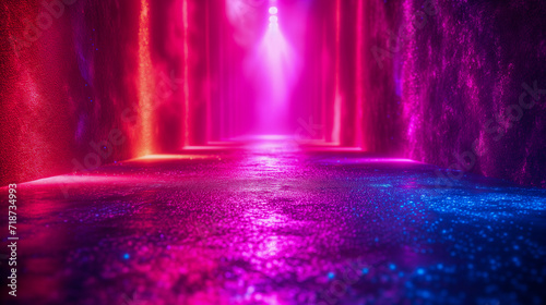 Underground passageway lit up with bright vibrant colors, in the style of light magenta and crimson.