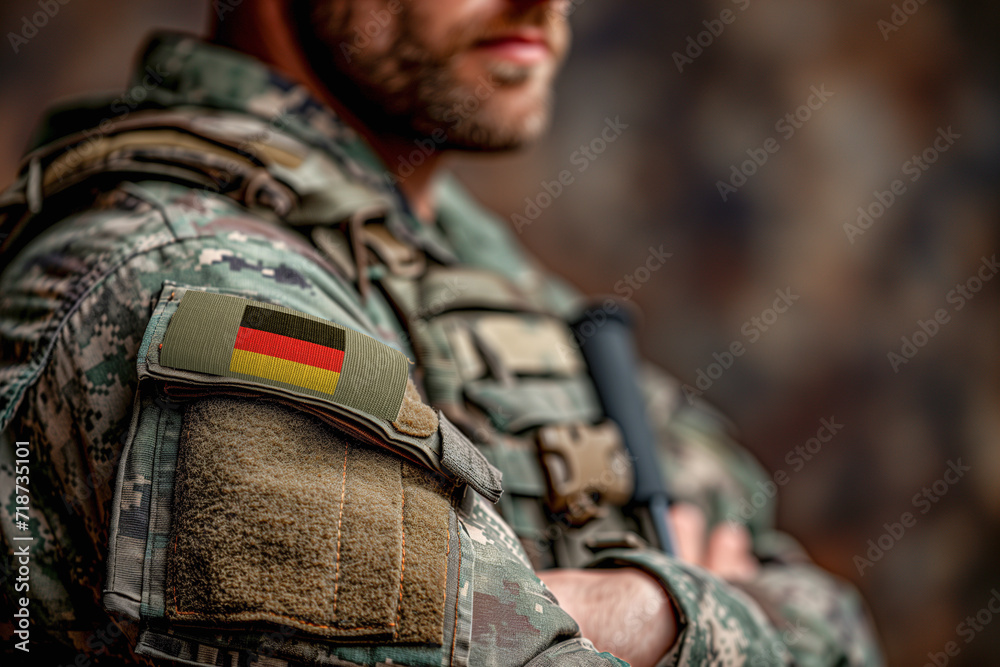 Unrecognisable man soldier of german army in uniform with german flag patch on shoulders. - obrazy, fototapety, plakaty 