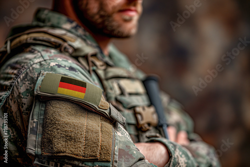 Unrecognisable man soldier of german army in uniform with german flag patch on shoulders. © AB-lifepct