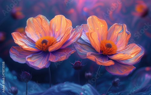 Two oil painted futuristic purple orange vibrant flowers Poppy Anemone.