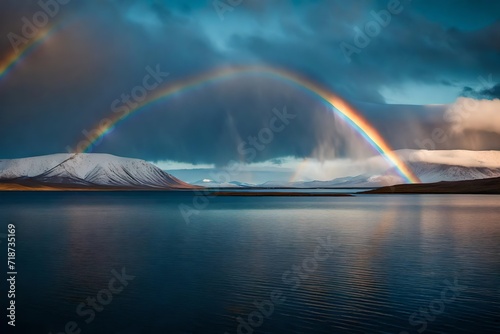 Beautiful rainbow above the Myvatn lake in northern Iceland