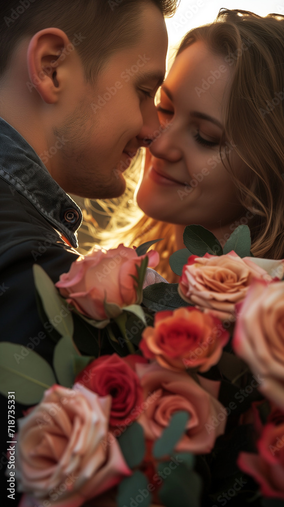 Couple kissing with roses. Couple kissing with roses.