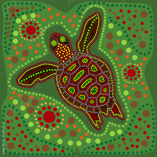 Turtle in australian aboriginal style. Australia indigenous art green background with tortoise and dots. Decorative ethnic turtle. Aboriginal tribal art craft. For poster, brochure.Vector illustration