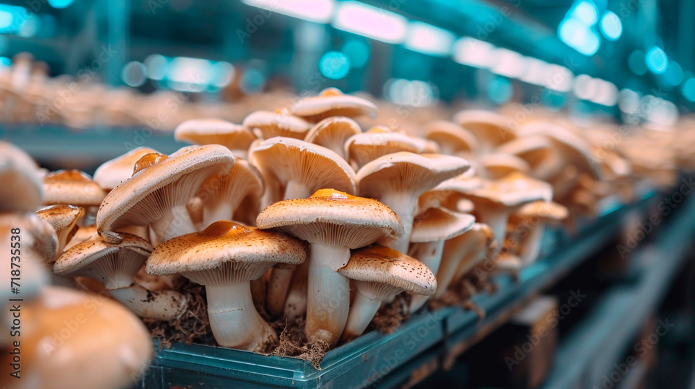 Fototapeta premium Growing mushrooms on a farm. Selective focus.