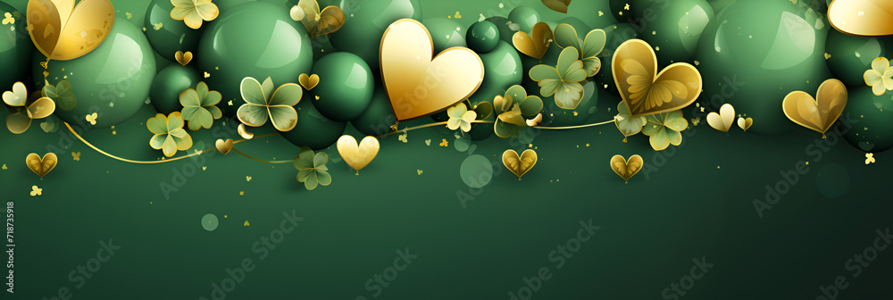 St. Patrick's Day card with Irish colored balloons on a green background, confetti and clover with gold coins, space for text. Banner. - obrazy, fototapety, plakaty 