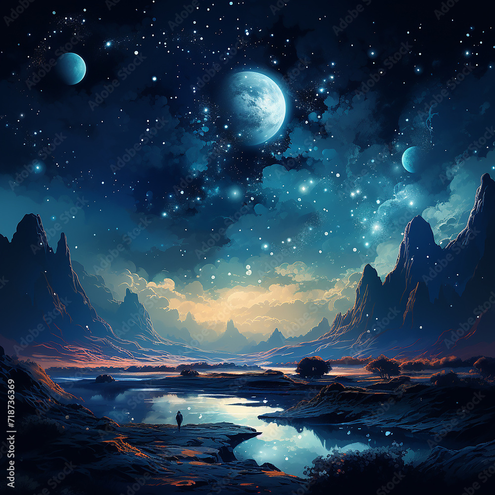 Fantasy landscape with mountains, lake and night sky. Vector illustration Fantasy landscape with mountains, lake and night sky. Vector illustration
