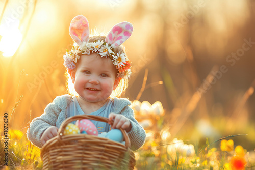A delighted little child holds a basket of Easter eggs, wearing a headband with bunny ears, embodying the joy of spring