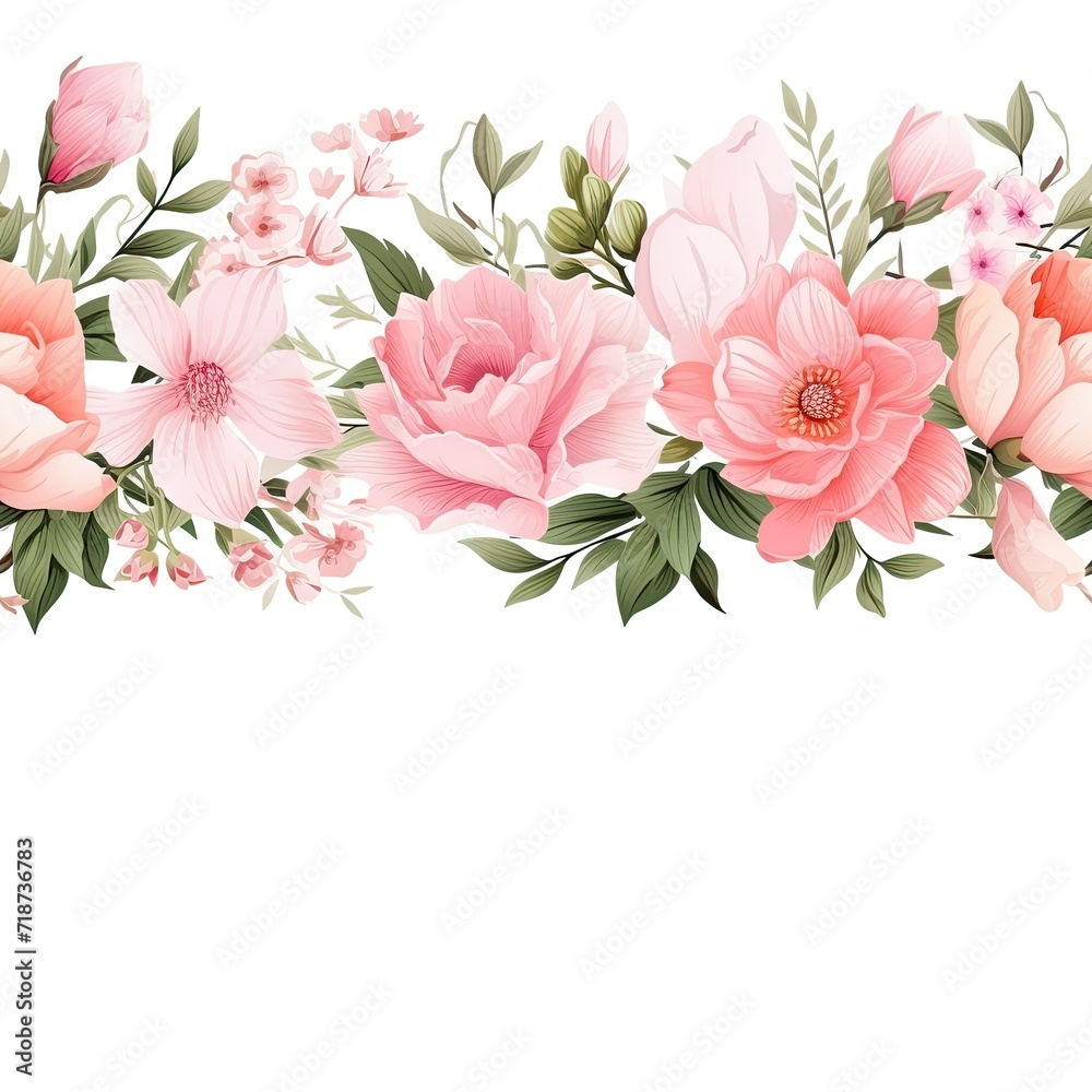 Floral Border With Pink Flowers and Green Leaves