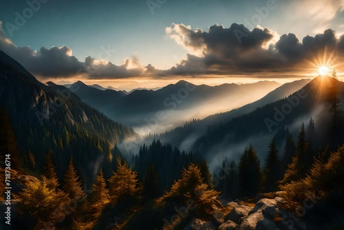 Panoramic view of the mountains and sky in the morning,Mountain forest in the mist that rises mountain sunrise