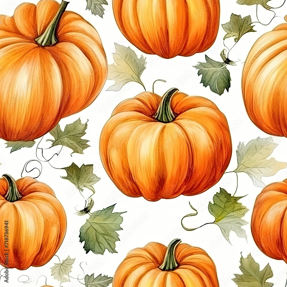 Painting of Pumpkins and Leaves on White Background