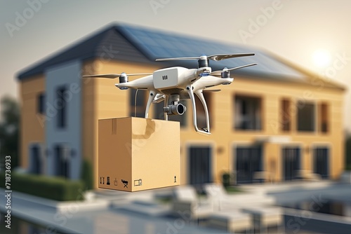 Futuristic technology, package drones electric apparatus. Robotic efficiently transport packages, innovative traffic solutions. Cardboard boxes fabrication for modern pack delivery business operation