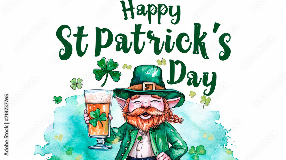 A leprechaun with a mug of beer on the background of a four-leaf clover congratulates on St. Patrick's Day.