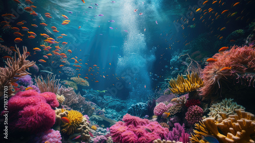 Underwater scene with colorful coral reefs filled with beautiful sea fish. Capture the essence of tropical marine life and scuba diving. © Kaiplapan